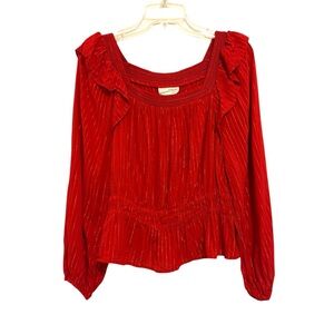 2/$30 Red with Gold Metallic Stripe Peplum Ruffle Blouse Size L